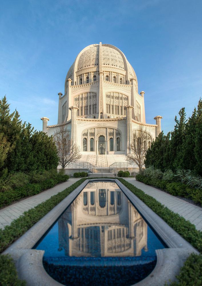 The white lace-like dome of the Baha'i House of Worship in Wilmette