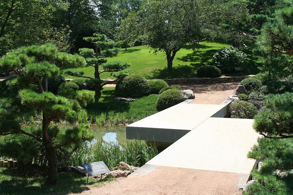 The zigzag bridge in the Japanese garden at the Chicago Botanic Garden