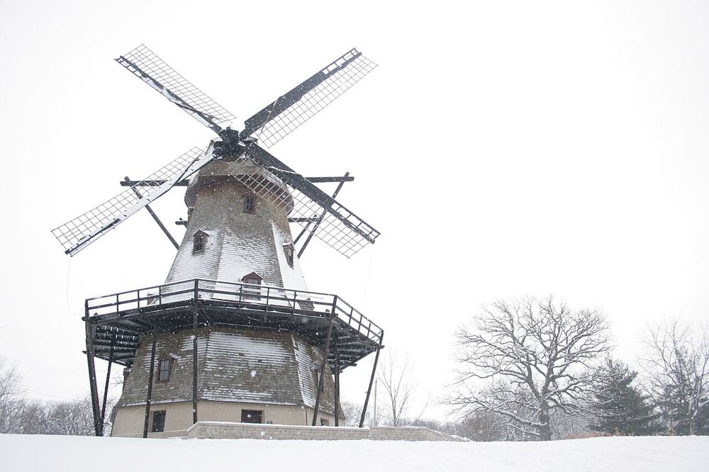 The Fabyan Windmill on the Fox River in winter