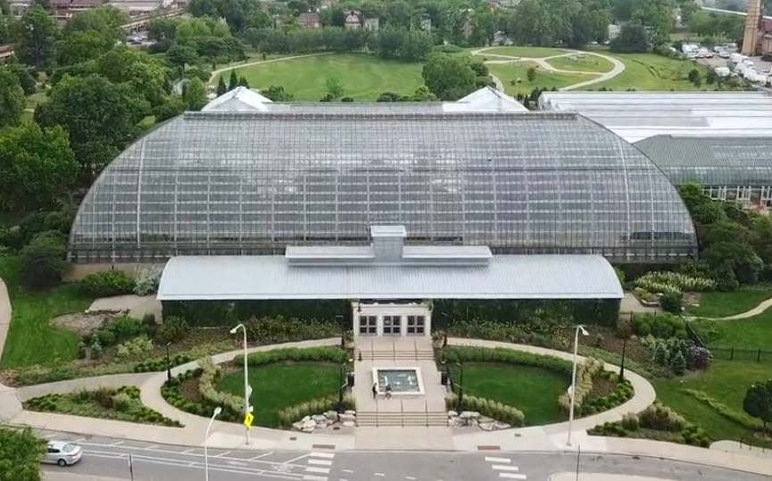 Aerial view of the glass houses of the Garfield Park Conservatory