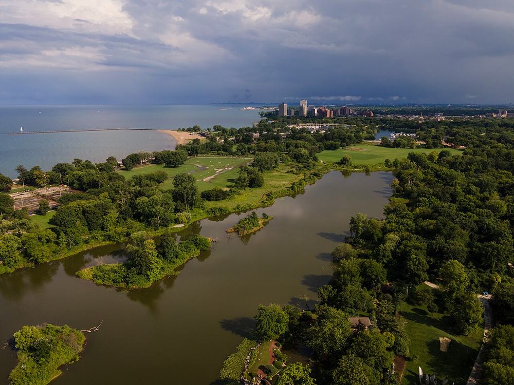 Aerial view of Wooded Island and the Jackson Park lagoons