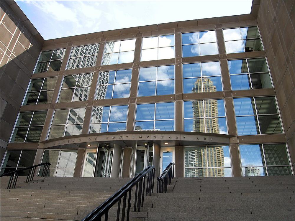 The limestone facade and grand staircase of the Museum of Contemporary Art
