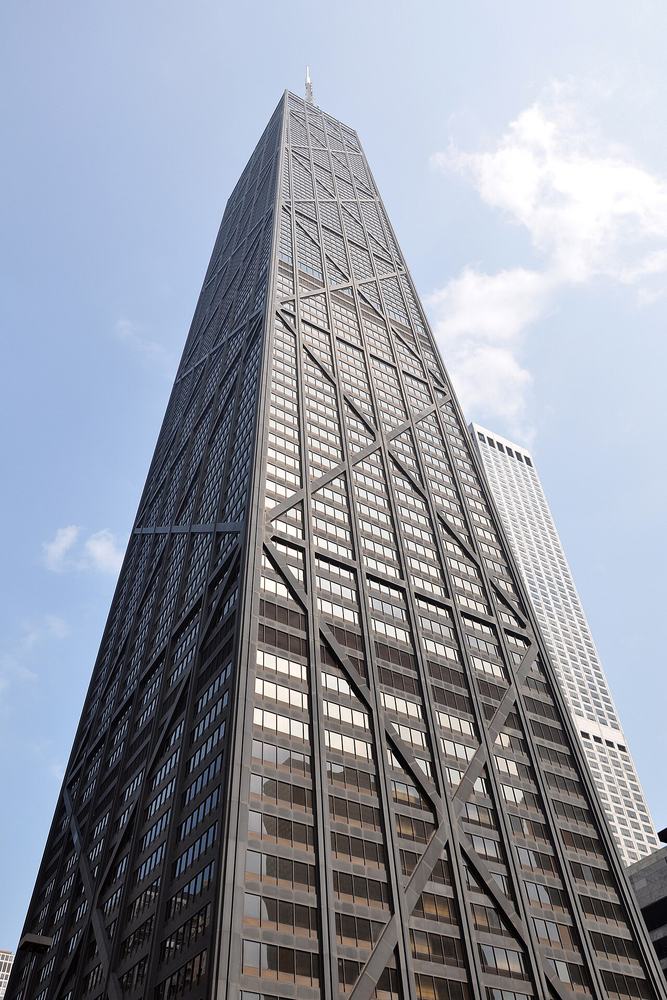 The tapering black tower of 875 North Michigan with its giant exterior X-braces
