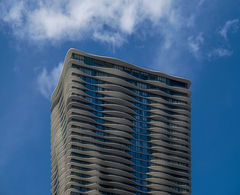 The rippling white balconies of the Aqua tower