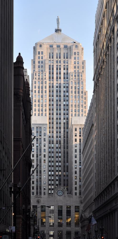 The Art Deco Chicago Board of Trade Building closing the view down LaSalle Street