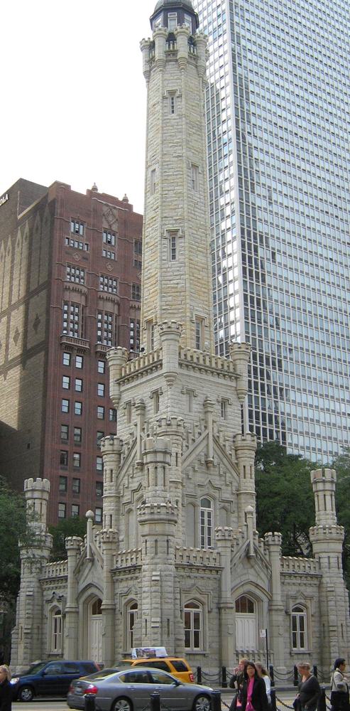 The yellow limestone Chicago Water Tower on Michigan Avenue