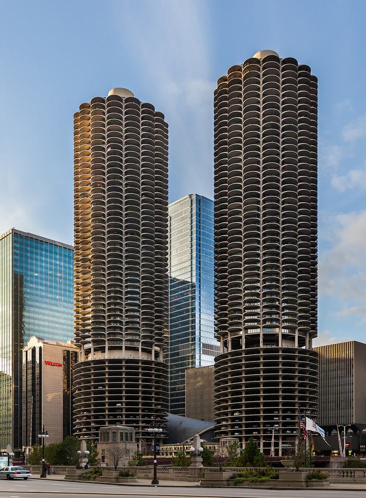 The two round concrete corncob towers of Marina City on the river