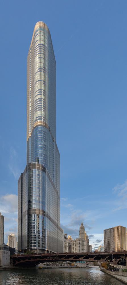 The glass Trump International Hotel and Tower on the Chicago River