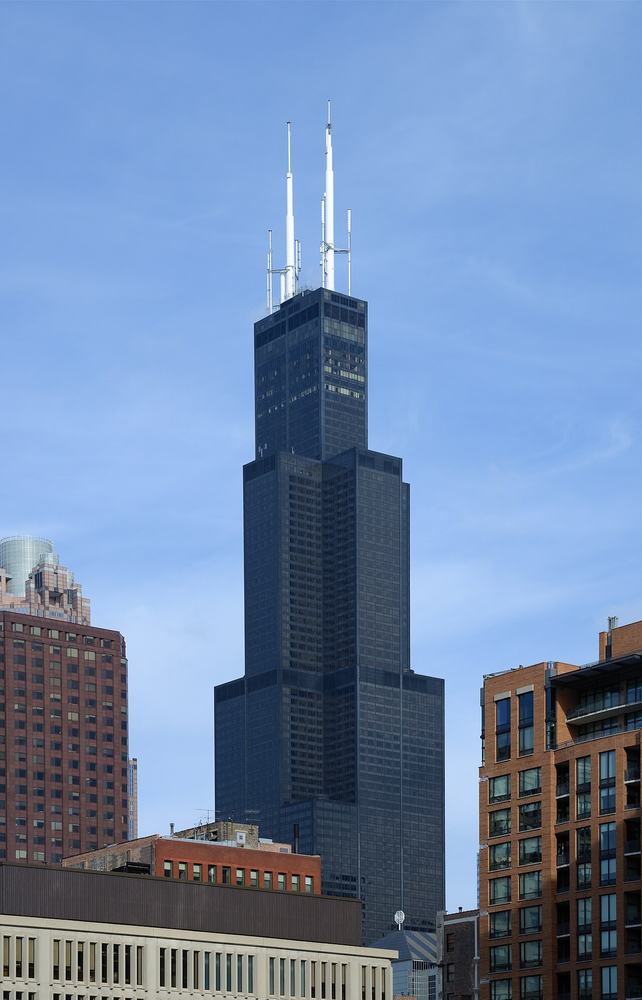 Willis Tower rising above the Loop, black aluminum and bronze glass