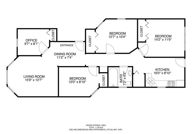Floor plan of one two-flat unit: living room with bay, dining room, three bedrooms, kitchen at the rear