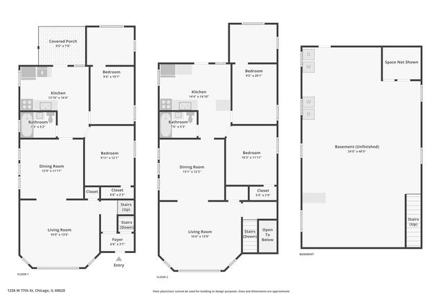 Floor plans of a Chicago two-flat: two nearly identical stacked floors and a full unfinished basement